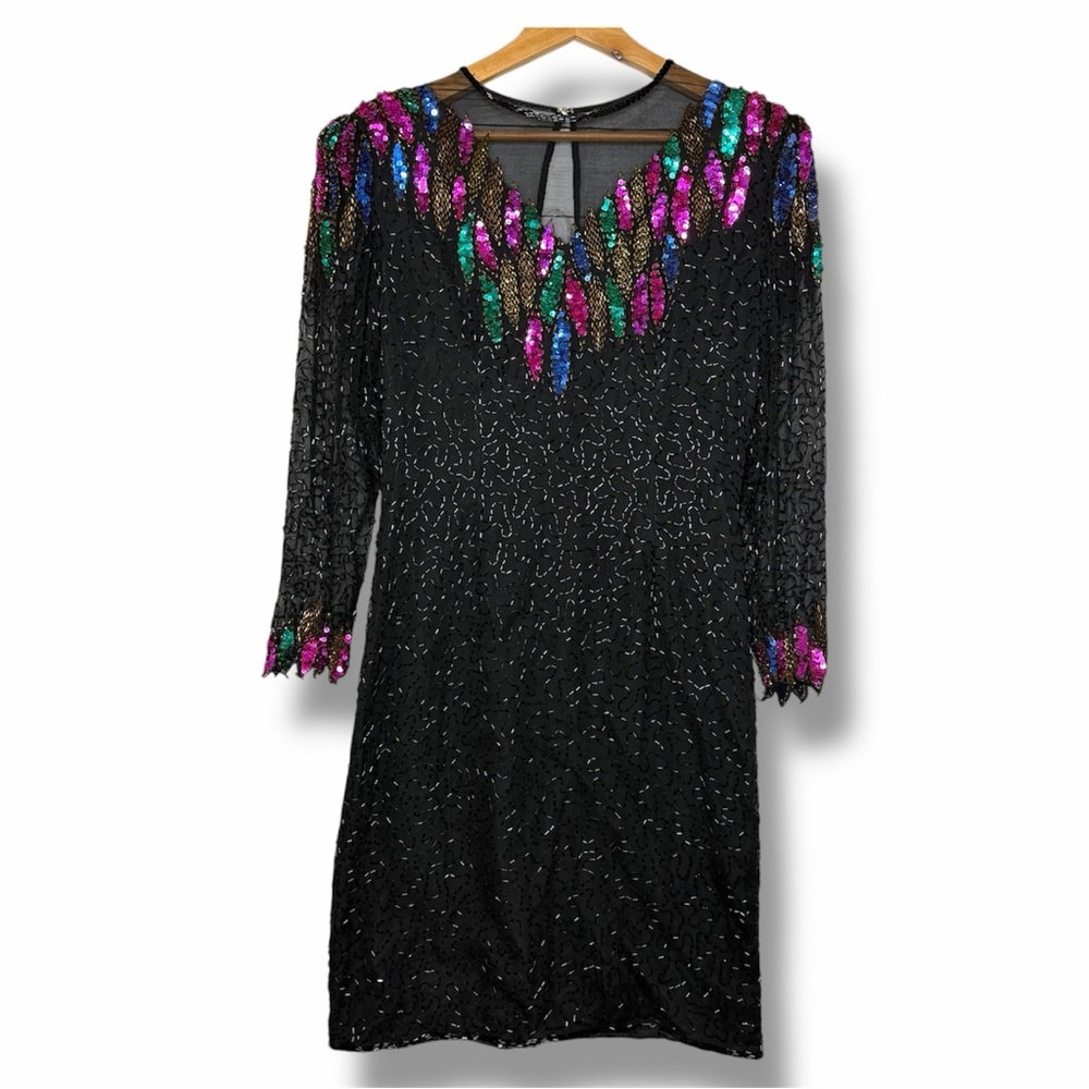 Vintage SCALA Silk Beaded Sequin Dress L Black 80s 90s Party Cocktail Holiday